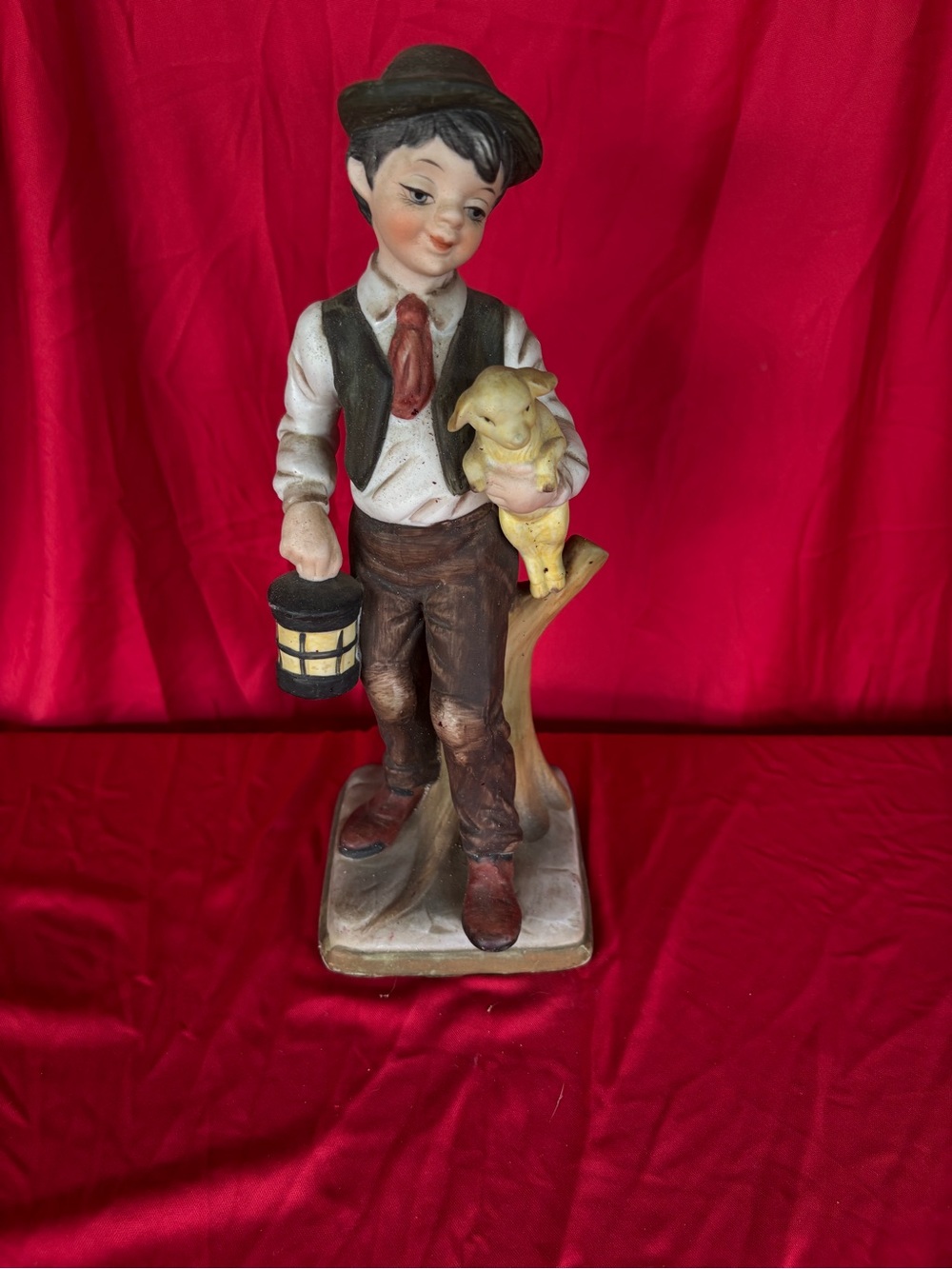 Hand-Painted Boy with Lamb Figurine - Brown and Cream